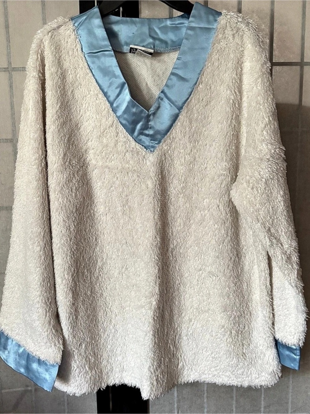 Women's fuzzy V-neck top with blue trim: yeti or snowman costume